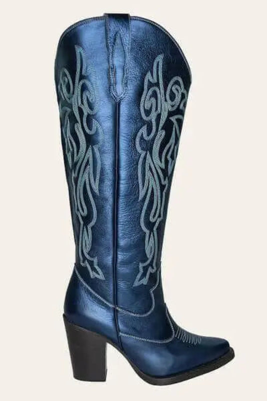 Blue wide calf cowboy boots with silver embroidery, genuine leather, mid heel, luxury western style