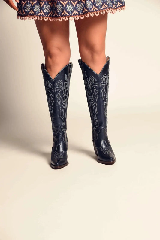 Navy wide calf cowboy boots with white embroidery, genuine leather, luxury wide calf western boots
