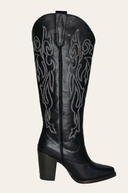 Black wide calf cowboy boots with white embroidery, genuine leather, mid heel, luxury western style