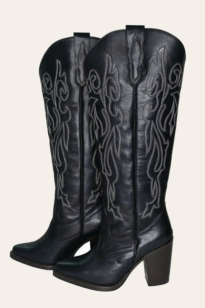 Black wide calf cowboy boots with silver embroidery, genuine leather, mid heel, luxury western style