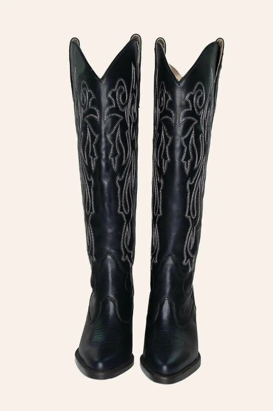 Charlotte wide calf boot, side view, black full grain leather with white stitching
