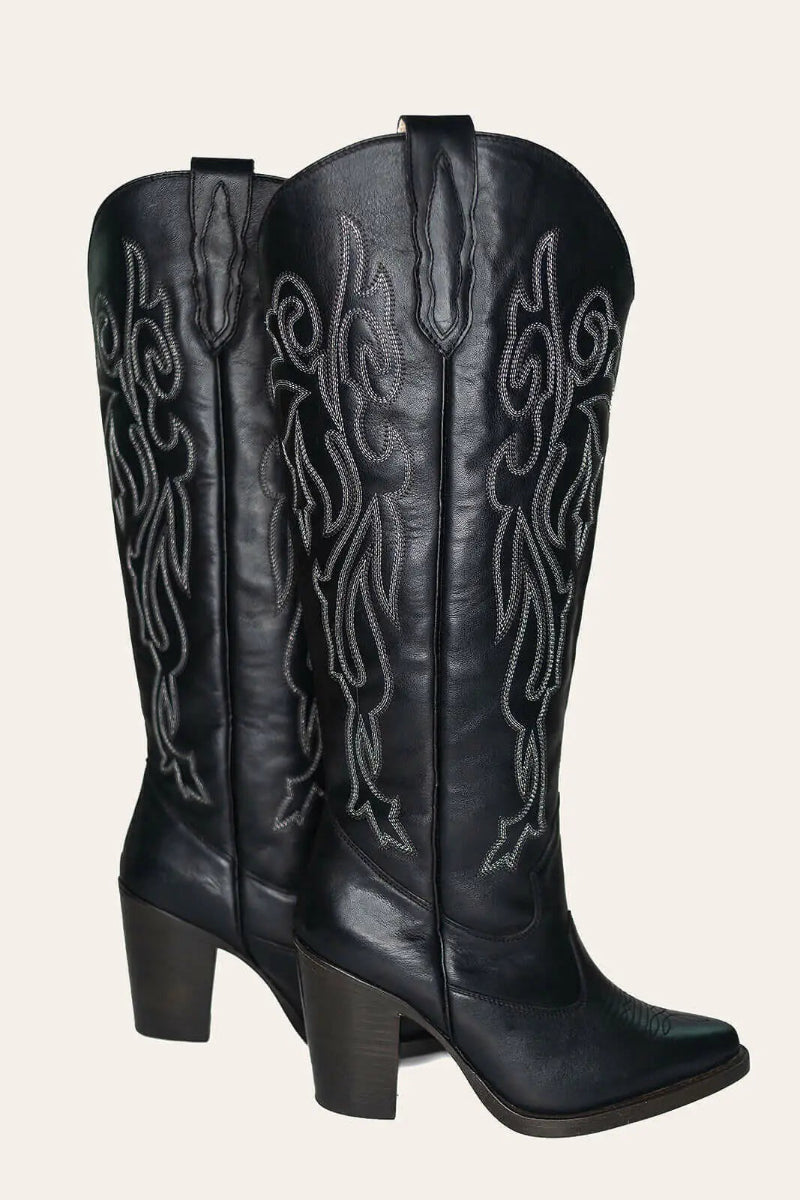 Black wide calf cowboy boots with white embroidery, genuine leather, mid heel, luxury western style