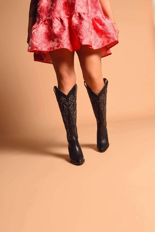 Black wide calf cowboy boots with white embroidery, genuine leather, luxury wide calf western boots
