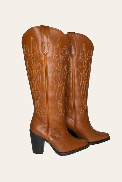 Tan wide calf cowboy boots with white embroidery, genuine leather, mid heel, luxury western style