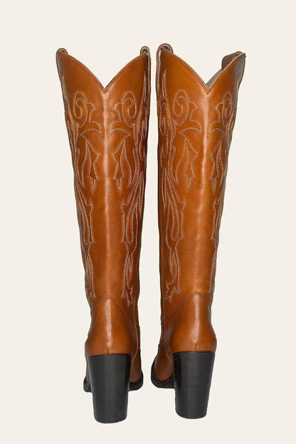 Tan wide calf cowboy boots with white embroidery and black block heel, luxury genuine leather