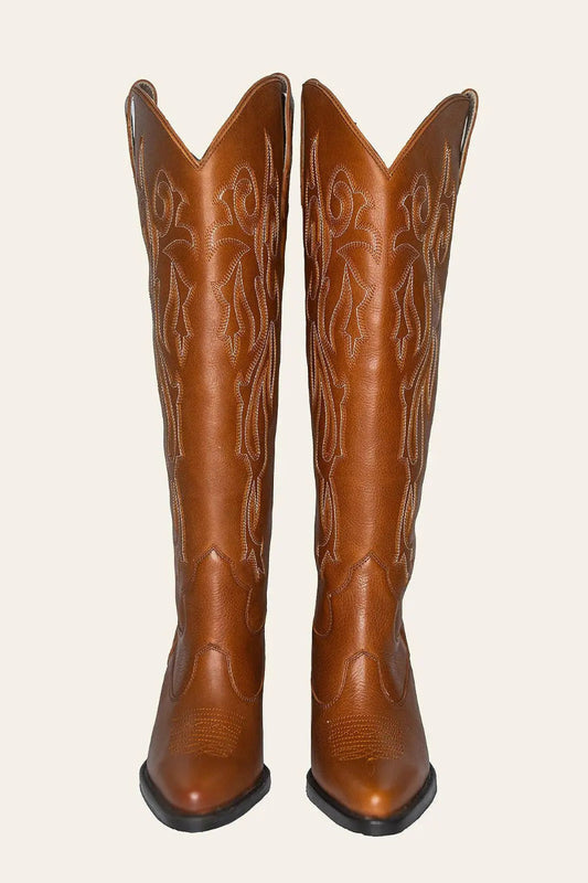 Tan wide calf cowboy boots with intricate embroidery, genuine leather, luxury western style for plus size.