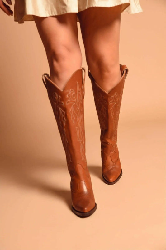 Tan wide calf cowboy boots with floral embroidery, genuine leather, luxury western style for plus size