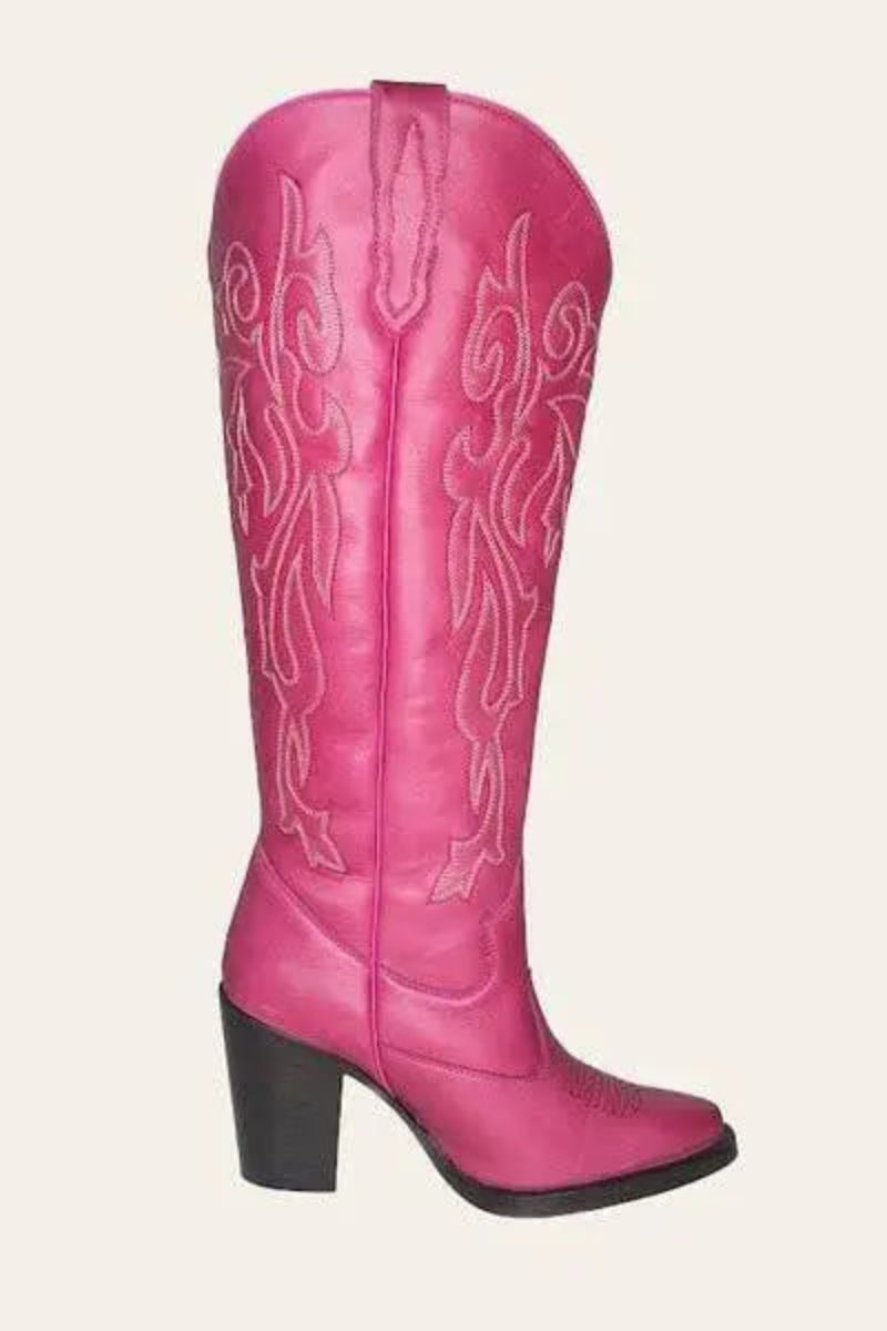 Pink wide calf cowboy boots with white embroidery, genuine leather, luxury wide calf heeled boots