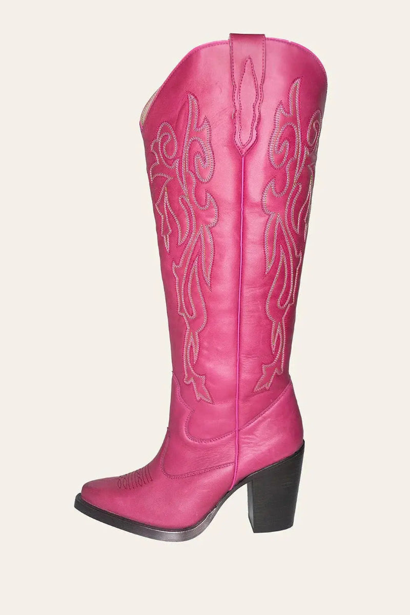 Pink wide calf cowboy boots with silver embroidery, genuine leather, luxury western style