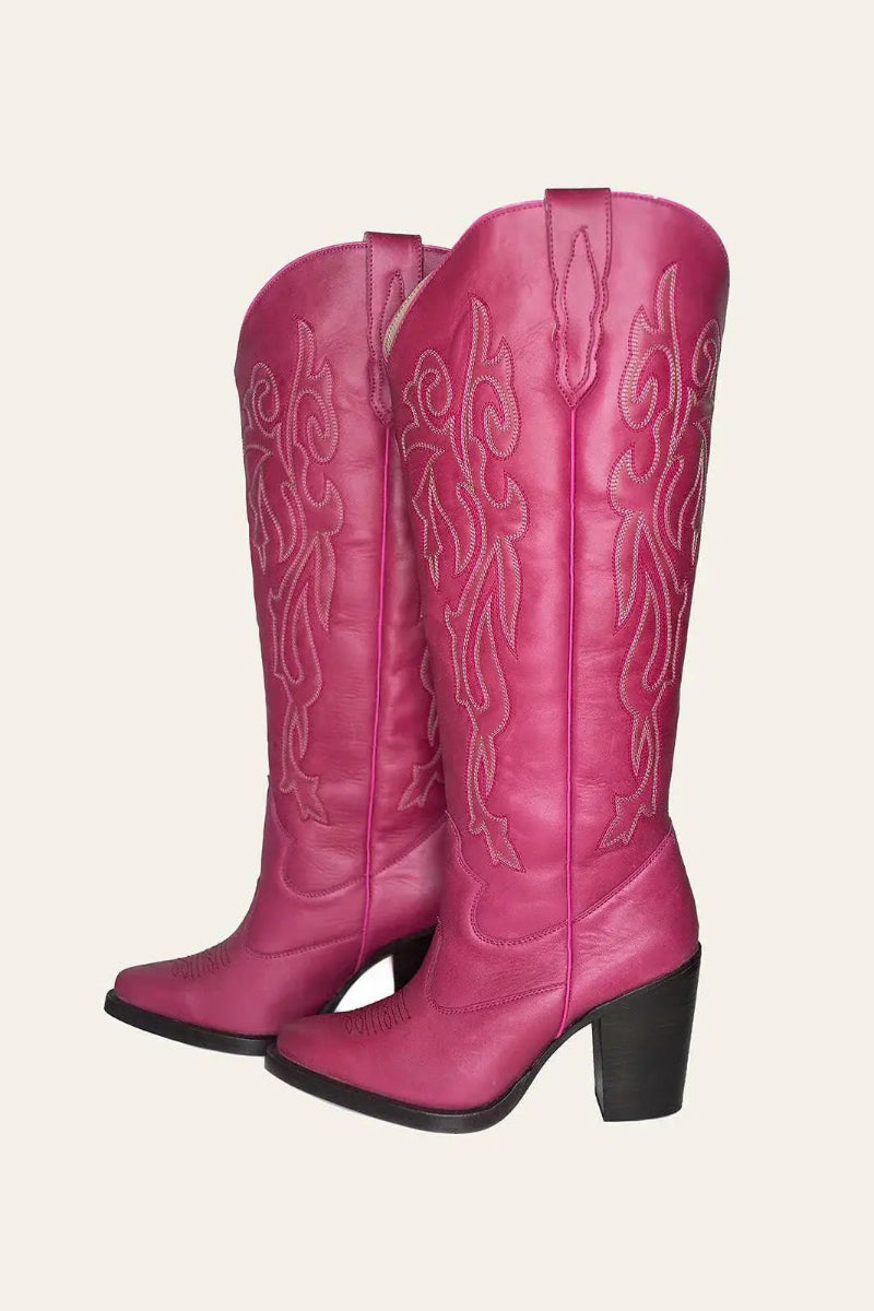 Pink wide calf cowboy boots with embroidery, genuine leather, luxury western style