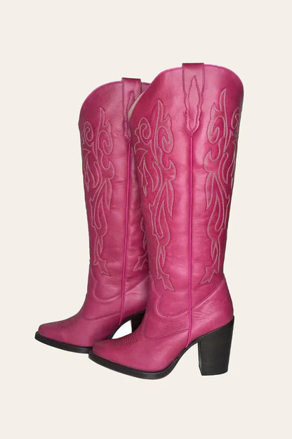 Pink wide calf cowboy boots with embroidery, genuine leather, luxury western style