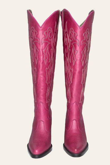 Fuchsia wide calf cowboy boots with white embroidery, genuine leather, luxury western style for plus size
