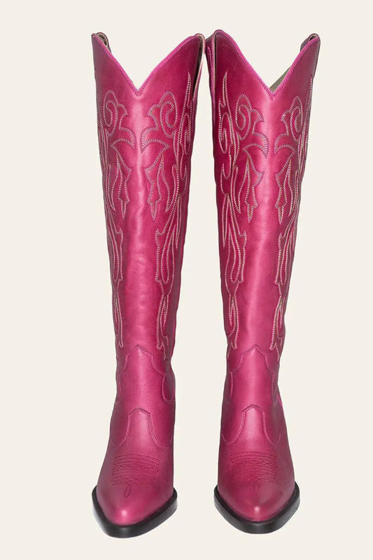 Fuchsia wide calf cowboy boots with white embroidery, genuine leather, luxury western style for plus size