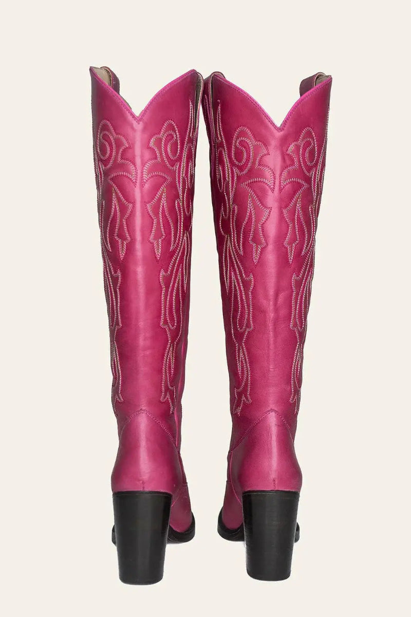 Pink wide calf cowboy boots with white embroidery, genuine leather, black block heel, luxury western style