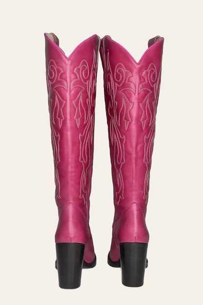 Pink wide calf cowboy boots with white embroidery, genuine leather, black block heel, luxury western style
