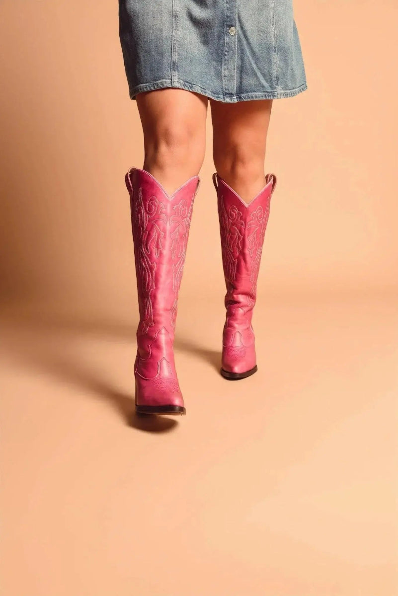 Pink wide calf cowboy boots with embroidery, genuine leather, luxury western style for plus size