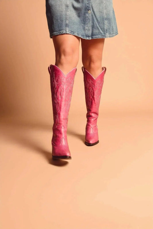 Pink wide calf cowboy boots with embroidery, genuine leather, luxury western style for plus size