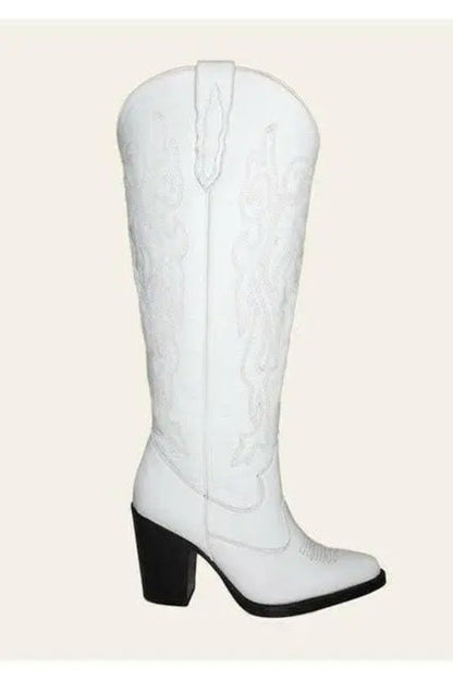 White wide calf cowboy boots with embroidery, genuine leather, black heel — luxury wide calf western boots
