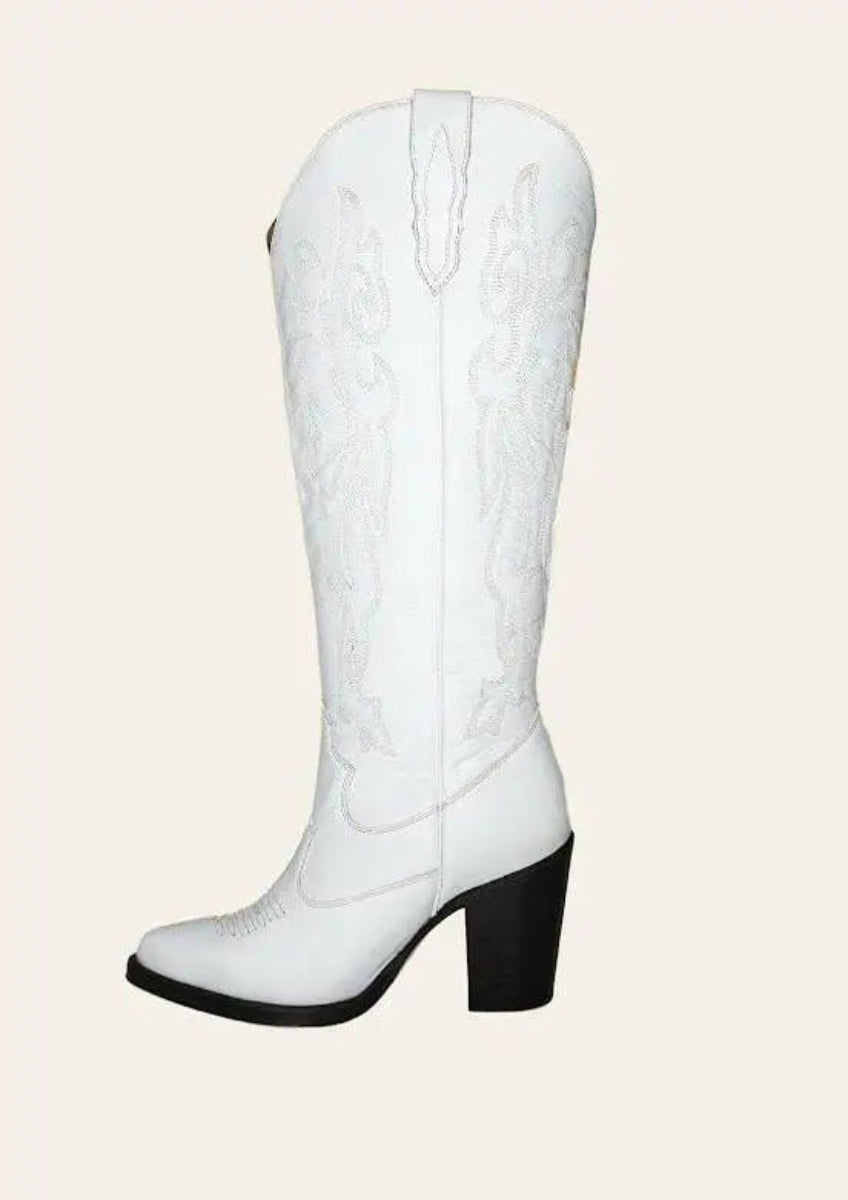 White wide calf cowboy boots with embroidery, black heel, genuine leather luxury western style