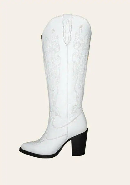 White wide calf cowboy boots with embroidery, black heel, genuine leather luxury western style