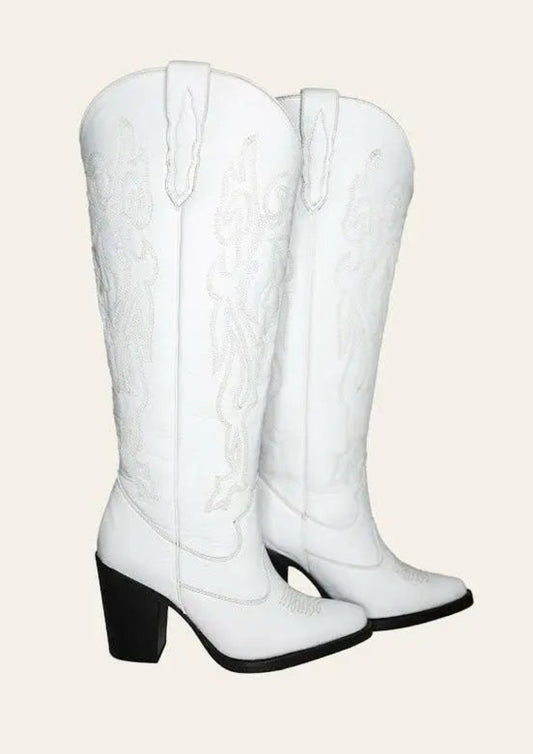 Aspen white wide calf boot with black heel, side view